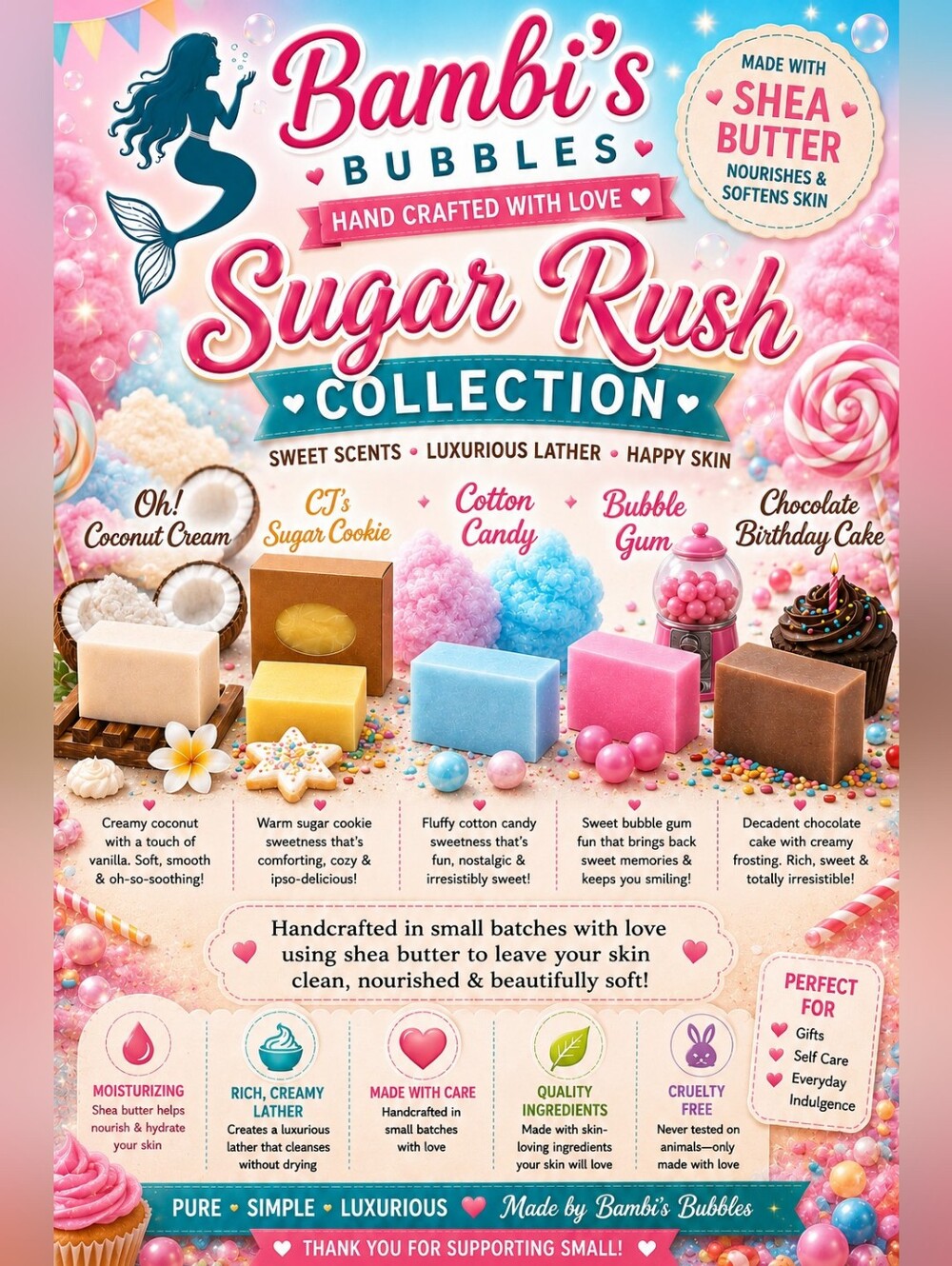 New! Hand Crafted Sugar Rush Collection 4oz Shea Butter Soap Assorted Scents